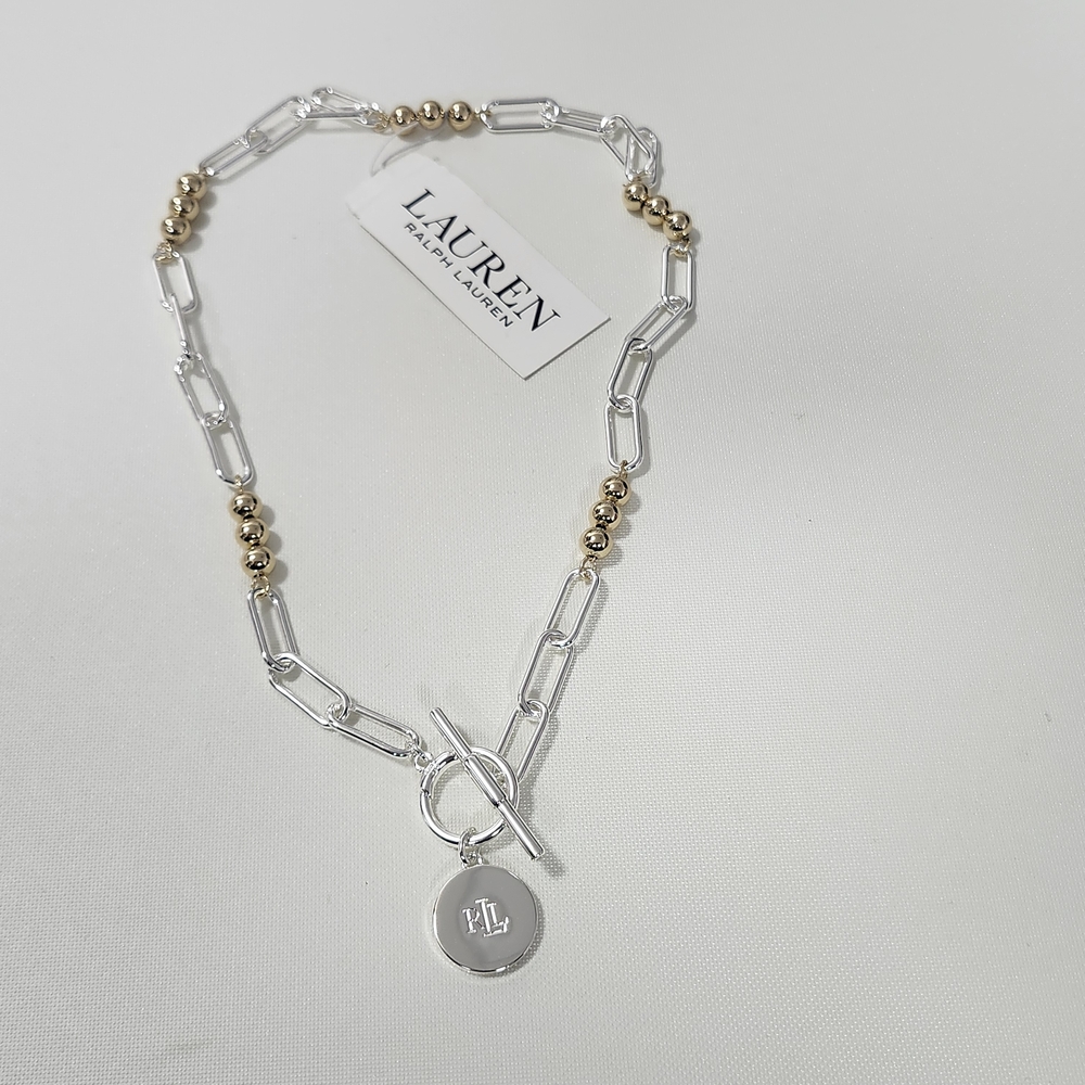 NWT Ralph Lauren Gold/Silver-Tone Link & Bead Toggle Necklace
